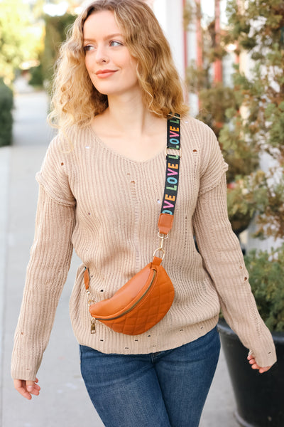 Camel Quilted "LOVE" Strap Crossbody Sling Bag