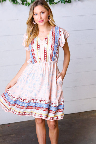 Peach Boho Floral Button Detail V Neck Ruffle Dress