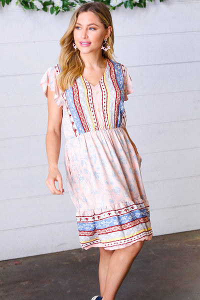 Peach Boho Floral Button Detail V Neck Ruffle Dress