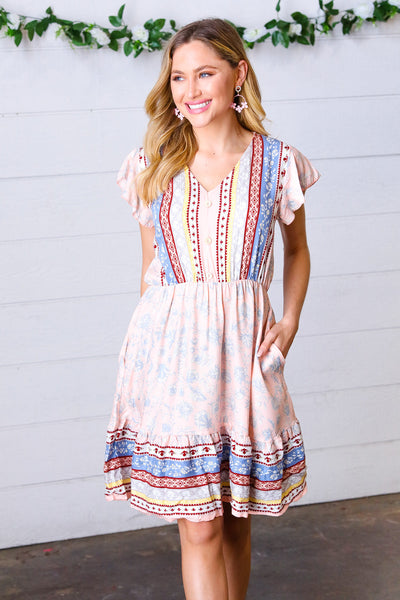 Peach Boho Floral Button Detail V Neck Ruffle Dress