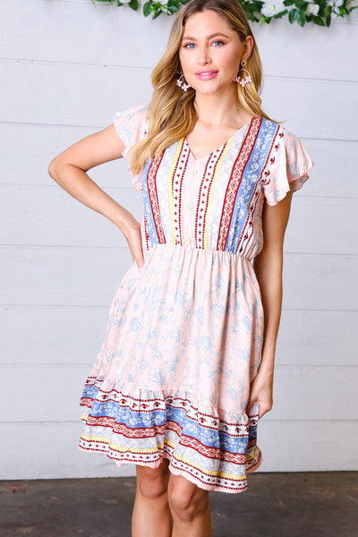 Peach Boho Floral Button Detail V Neck Ruffle Dress