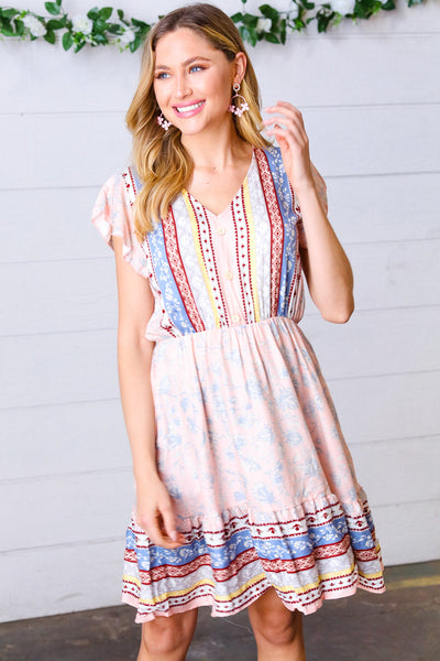 Peach Boho Floral Button Detail V Neck Ruffle Dress