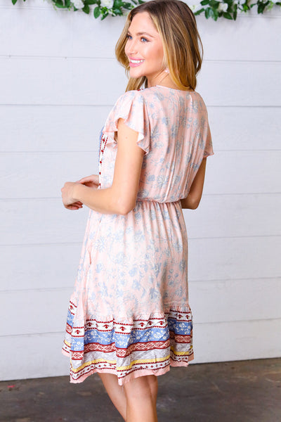 Peach Boho Floral Button Detail V Neck Ruffle Dress