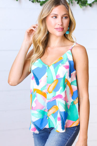 Multicolor Paint Brush Button Detail Sleeveless Top