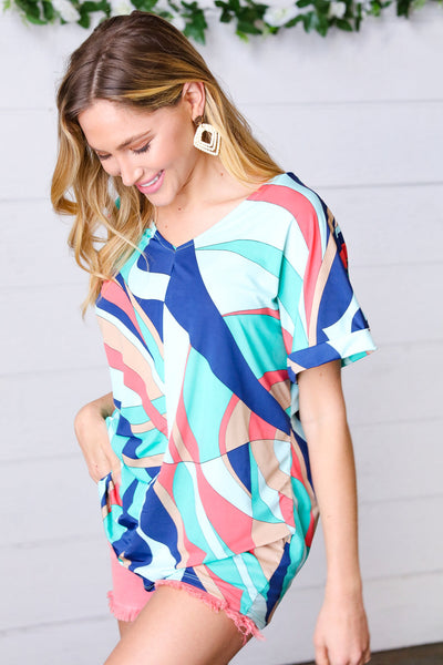 Turquoise Geometric V Neck Drop Shoulder Top