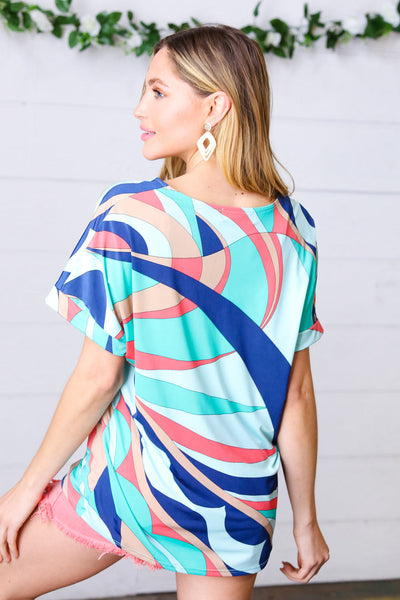 Turquoise Geometric V Neck Drop Shoulder Top