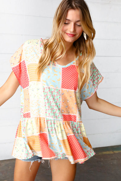 Coral & Peach Boho Patchwork Babydoll Woven Top