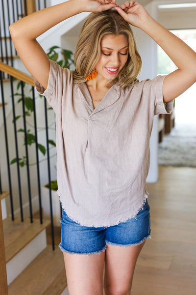 Ready For Spring Taupe Washed Linen Collared Top