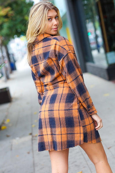 Navy & Rust Plaid Flannel Button Down Waist Tie Dress