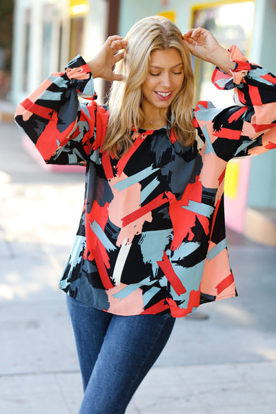 Black & Red Abstract Print Frill NeckTop
