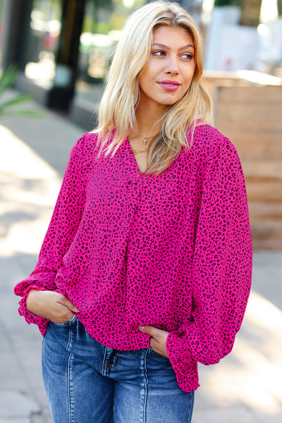 Get Ready Fuchsia Leopard V Neck Smocked Top