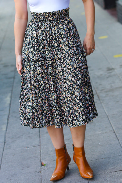 It's Your Day Black Ditzy Floral Smocked Waist Midi Skirt