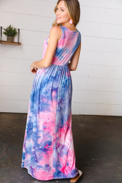 Pink & Blue Tie Dye Fit and Flare Sleeveless Maxi Dress