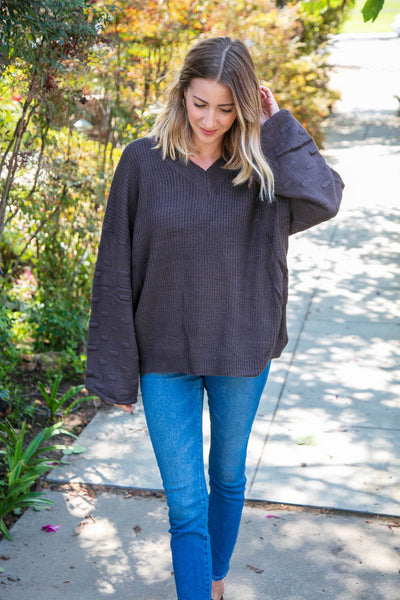 Charcoal Texture Patterned Bubble Sleeve Sweater