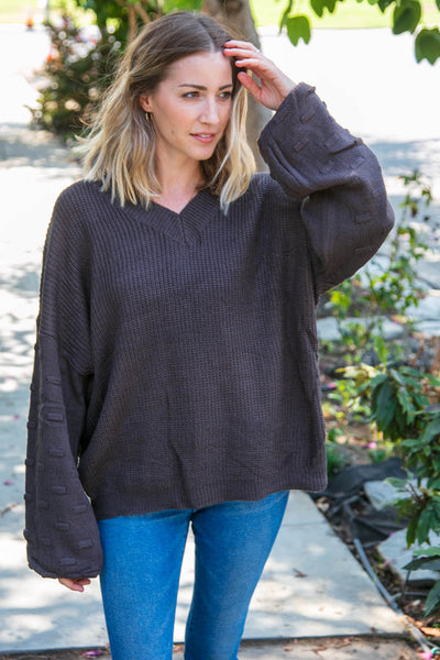 Charcoal Texture Patterned Bubble Sleeve Sweater