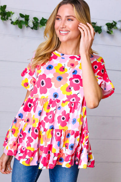 Pink & Ivory Flat Floral Ruffle Hem Tiered Top