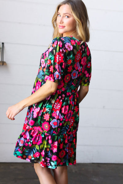 Black & Fuchsia Flat Floral Tiered Front Tie Pocketed Dress