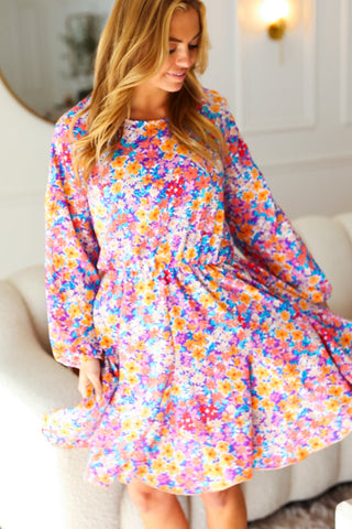Give You Joy Lilac Floral Print Godet Long Sleeve Dress
