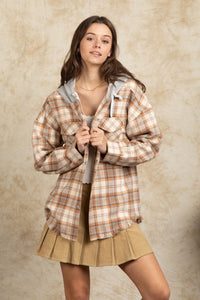 Stay In The Lead Camel Plaid Frayed Hoodie Jacket