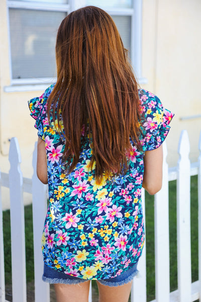 Be Your Best Blue/Multicolor Floral Print Flutter Sleeve Blouse