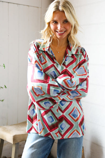 Mint To Be V Neck Bubble Sleeve Silky Collared Blouse