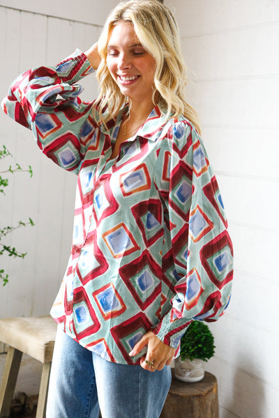 Mint To Be V Neck Bubble Sleeve Silky Collared Blouse