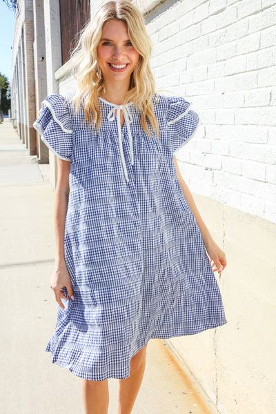 Beautiful You Blue Checker Gingham Tie Front Double Ruffle Sleeve Midi Dress