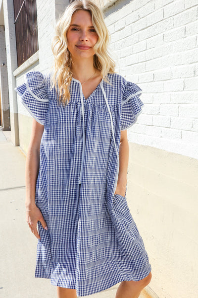 Beautiful You Blue Checker Gingham Tie Front Double Ruffle Sleeve Midi Dress