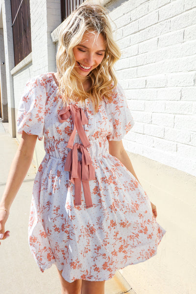 Dazzle In Ivory/Peach Ribbon Tie Scoop Neck Tiered Waist Floral Dress