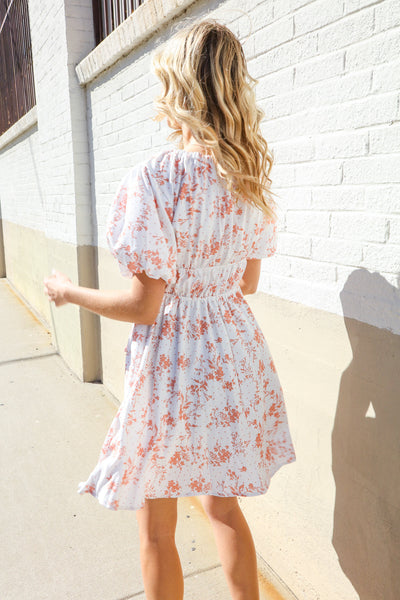 Dazzle In Ivory/Peach Ribbon Tie Scoop Neck Tiered Waist Floral Dress