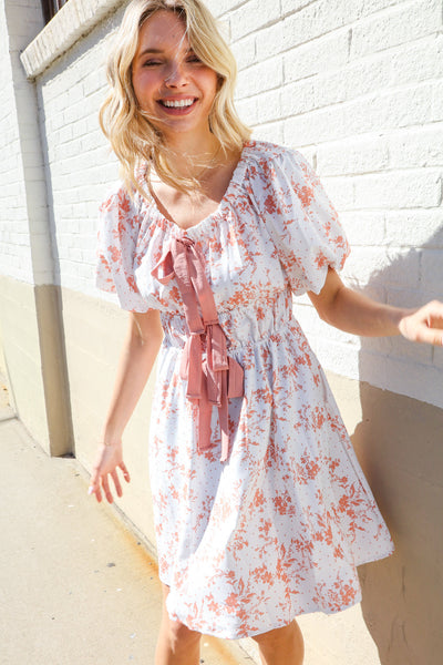 Dazzle In Ivory/Peach Ribbon Tie Scoop Neck Tiered Waist Floral Dress
