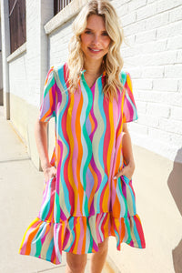 Boho Vibes Multicolor Abstract Print Frill Notch Neck Dress