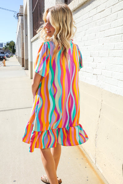 Boho Vibes Multicolor Abstract Print Frill Notch Neck Dress