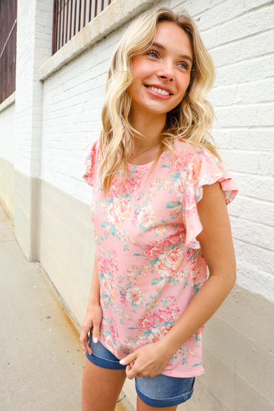 Find Love Pink Floral Print Flutter Sleeve Knit Top