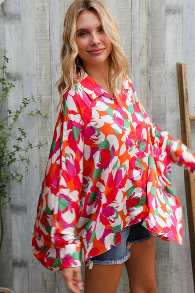 Beautiful You Multicolor Floral Abstract Button-Down Bat Wing Sleeve Top