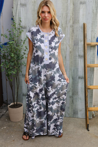Spread Joy Loose Fit Camouflage French Terry Jumpsuit with Side Pockets