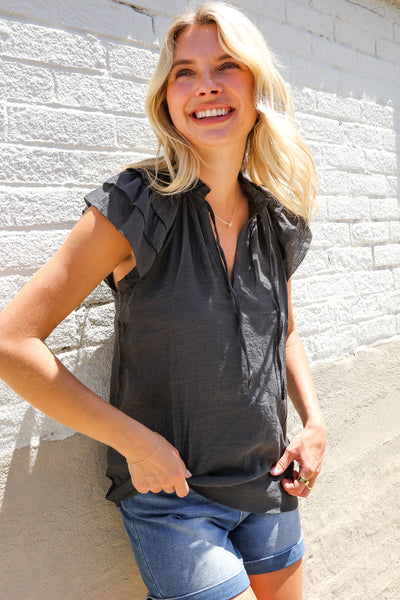 Weekend Ready Charcoal Frill Front Tie Double Ruffle Sleeve Top