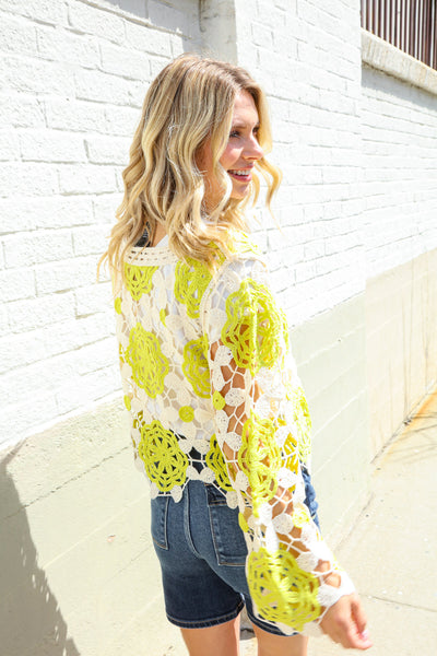 Boho Vibes Ivory/Lime Hand Crochet Scalloped Long Sleeve Top