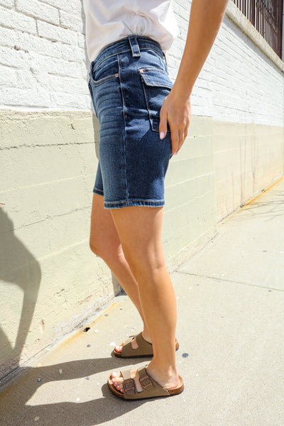 Judy Blue Dark Wash Midrise Back Flap Pocket Denim Shorts