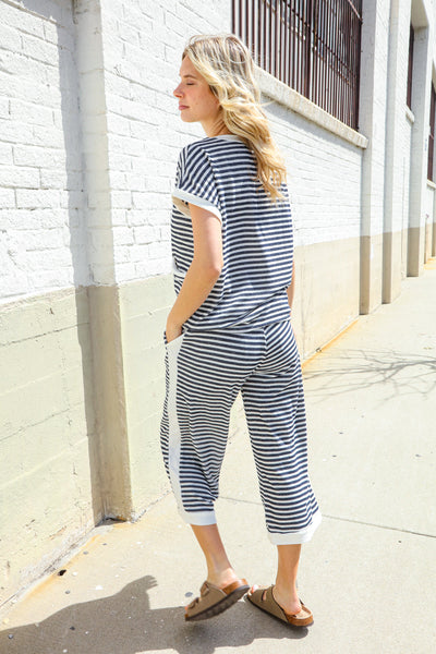 Casual Chic Navy/White Stripe Dolman Short Sleeve Terry Top