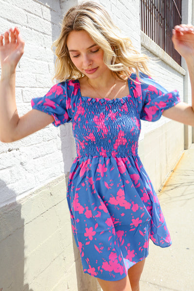 Dazzle in Bright Blue Floral Smocked Yoke Short Sleeve Dress