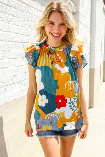 Be Bold Multicolor Abstract Print Flutter Sleeve Mock Neck Top