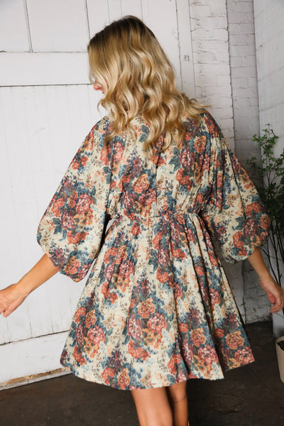 Autumn Equinox Antique Rose Boho V Neck Dress