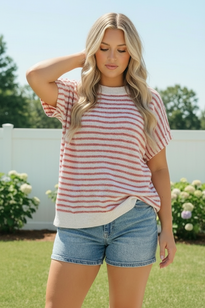 Breezy Stripe Knit Top in Ivory and Red
