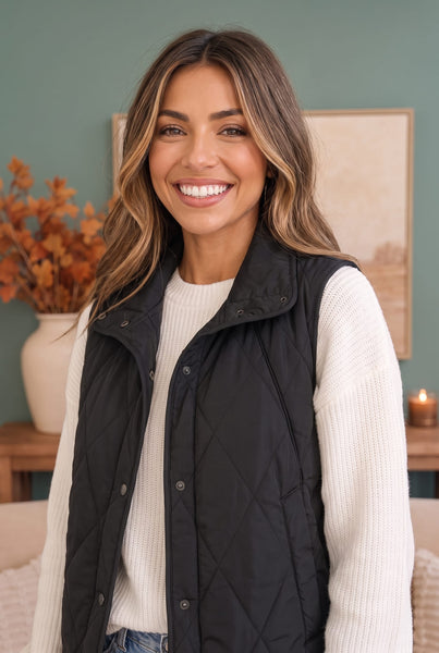 Cozy Days Black Quilted Snap Button Vest