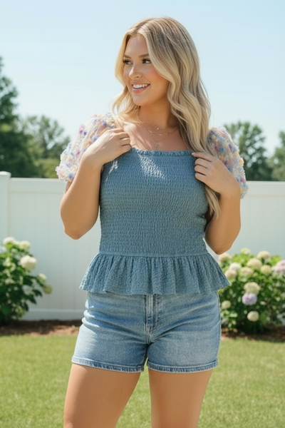 Smocked Peplum Top with Floral Puff Sleeves