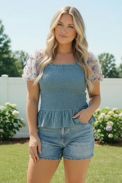 Smocked Peplum Top with Floral Puff Sleeves