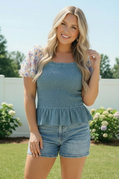 Smocked Peplum Top with Floral Puff Sleeves