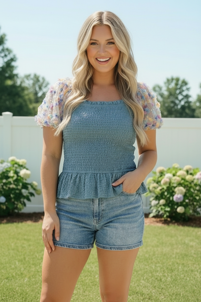Smocked Peplum Top with Floral Puff Sleeves