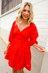 Love Found Red Crepe Sweetheart Wrap Yoke Puff Sleeve Lined Dress
